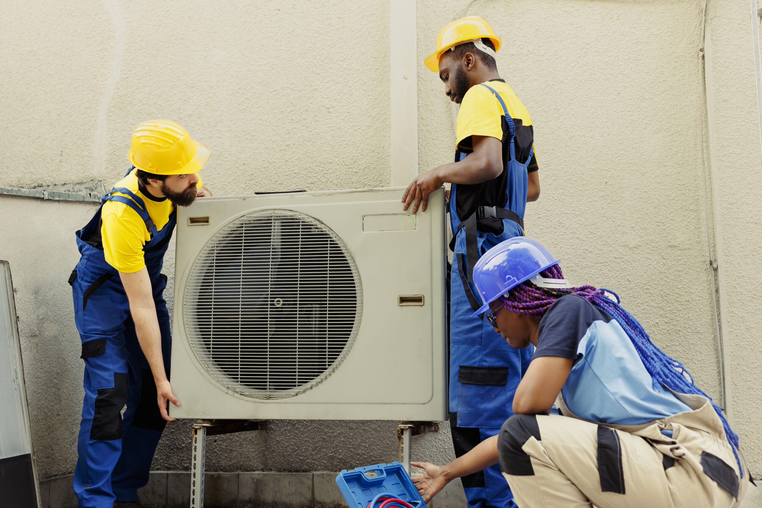team replacing old air conditioner